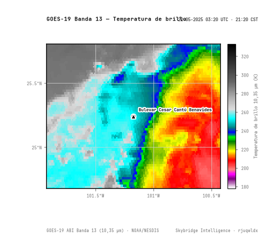 ABI Banda 13 (10,3 µm) · 03:20 UTC · 21:20 CST · NOAA GOES-19 ABI