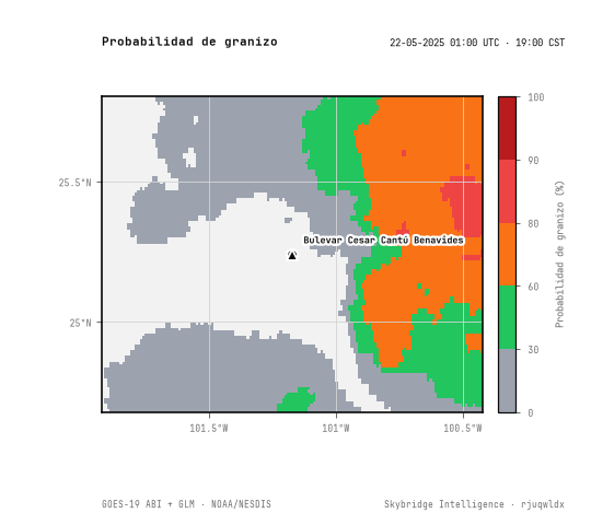 Probabilidad de granizo · 01:00 UTC · 19:00 CST · NOAA GOES-19 ABI