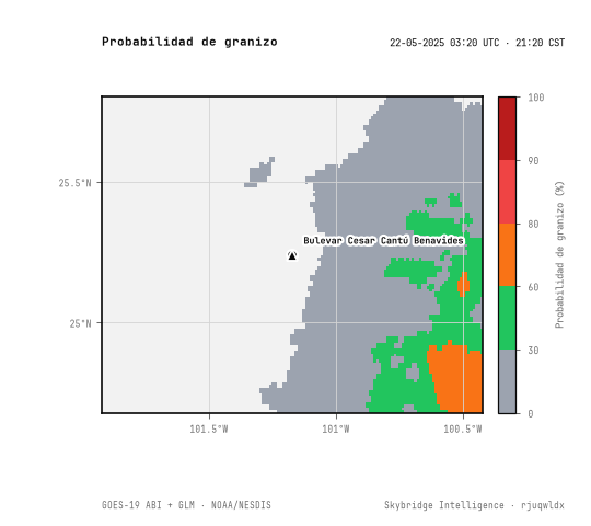 Probabilidad de granizo · 03:20 UTC · 21:20 CST · NOAA GOES-19 ABI