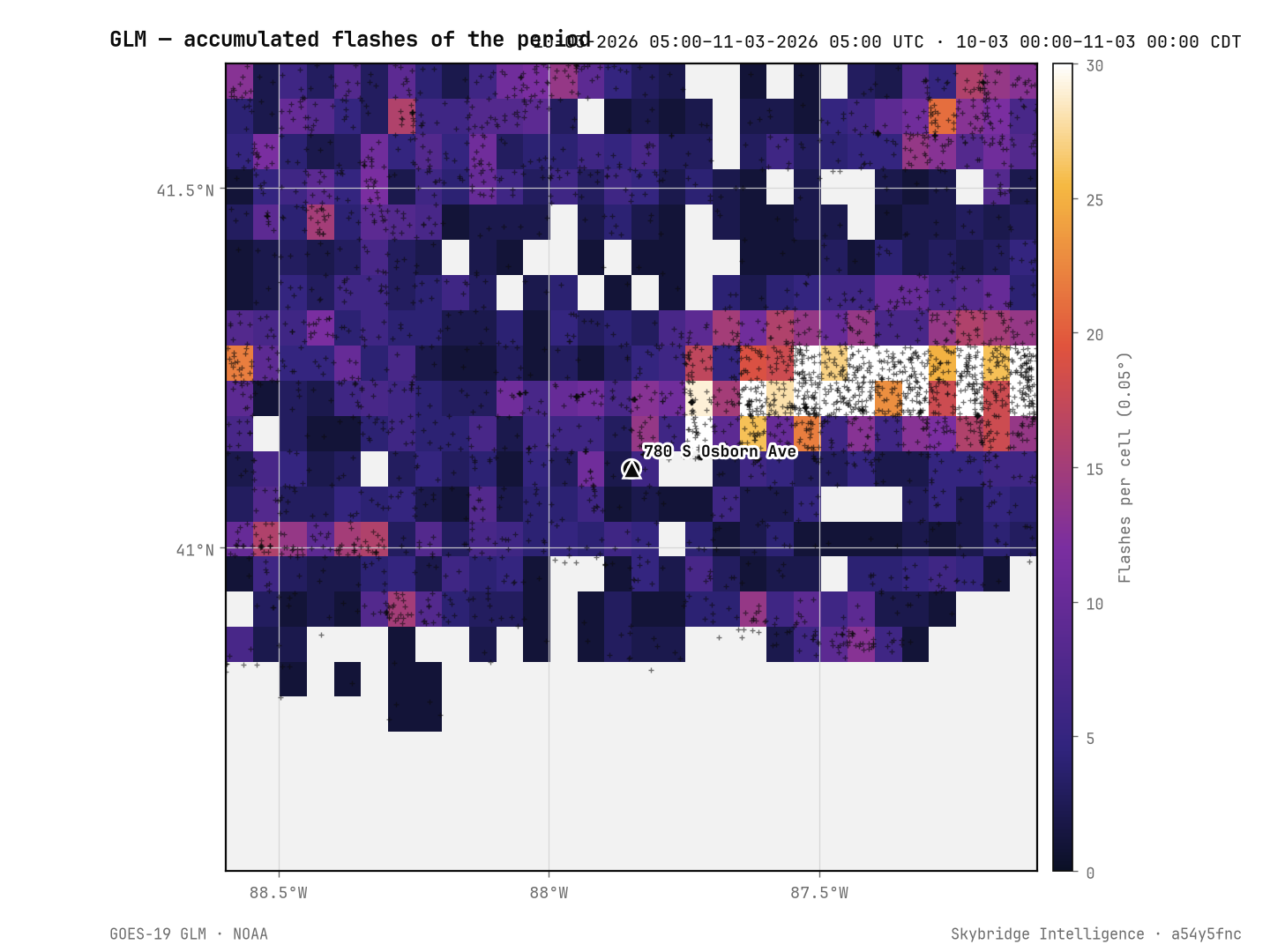 Accumulated GLM flash density over the window