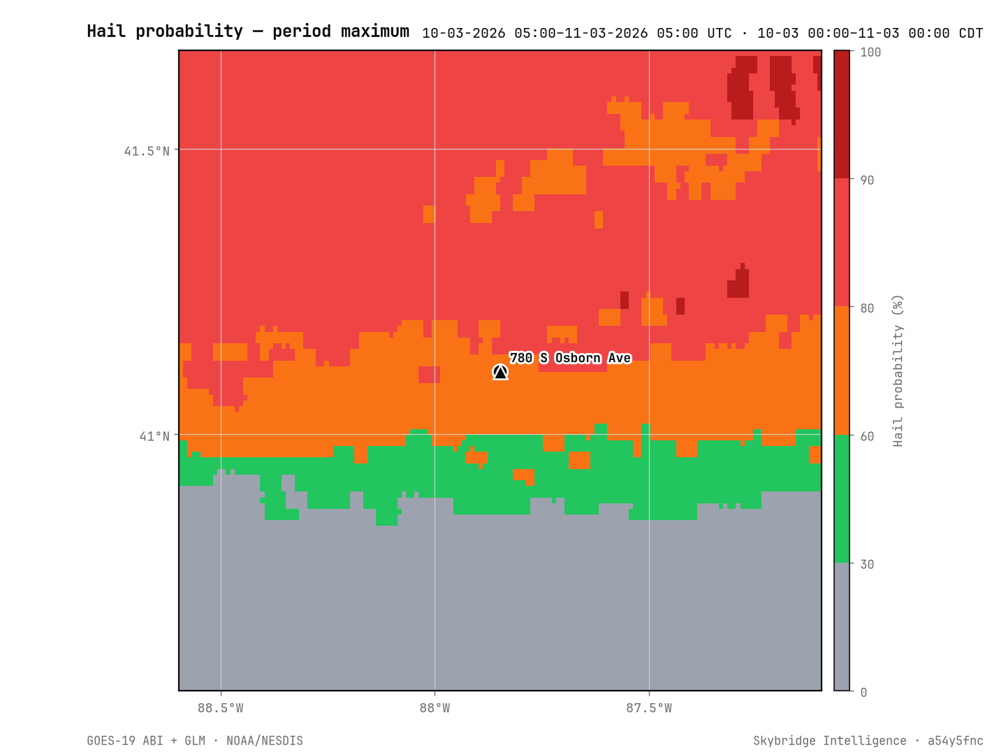 Maximum hail probability over the window